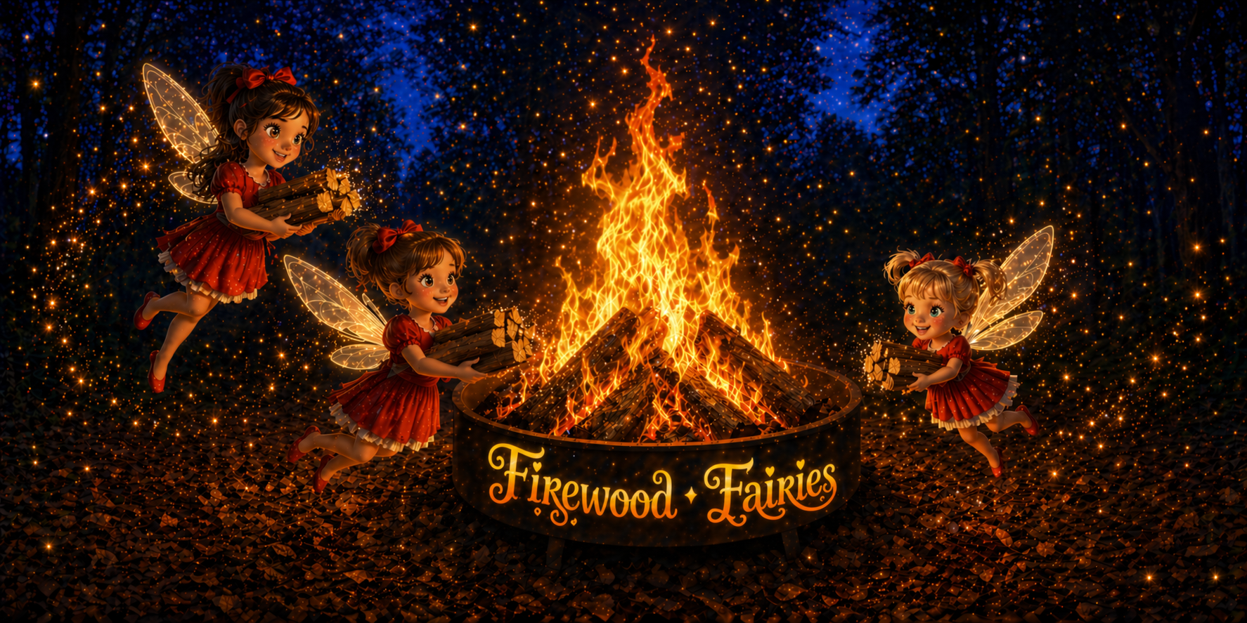 Firewood Fairies — three fairy sisters carrying firewood around a glowing fire pit